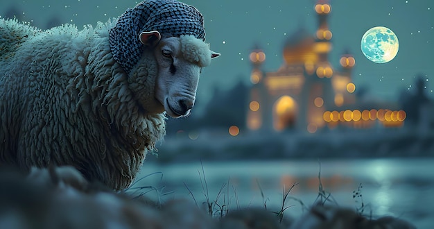 Sacrifice of eid al adha background with sheep and mosque