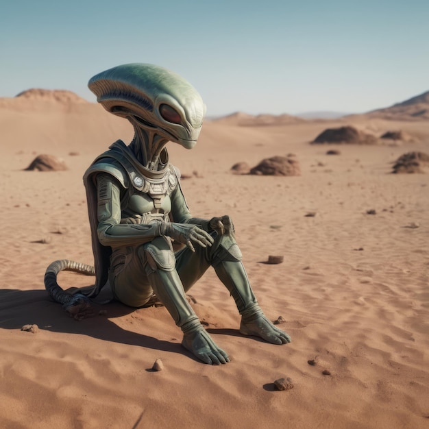 Sad alien sitting on a ground An alien ship crashed into the ground desert