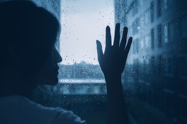 sad alone girl woman teen looking out at windows raining drops dark mood dim light