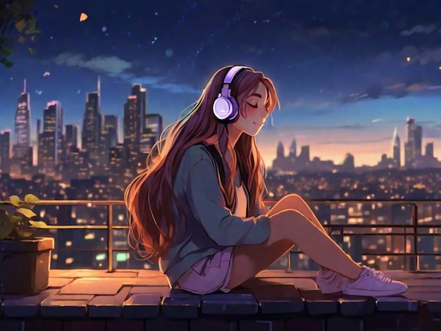 Sad Anime Girl Listening Music Lofi Night