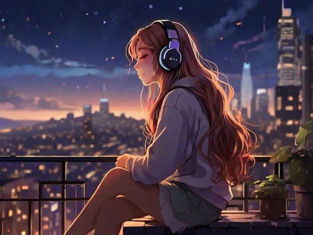 Sad Anime Girl Listening Music Lofi Night