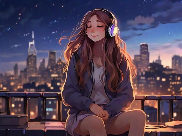 Sad Anime Girl Listening Music Lofi Night