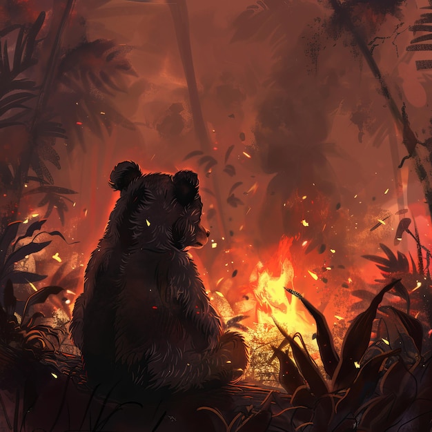 Sad Bear Witnessing Forest Fire Destruction in Jungle