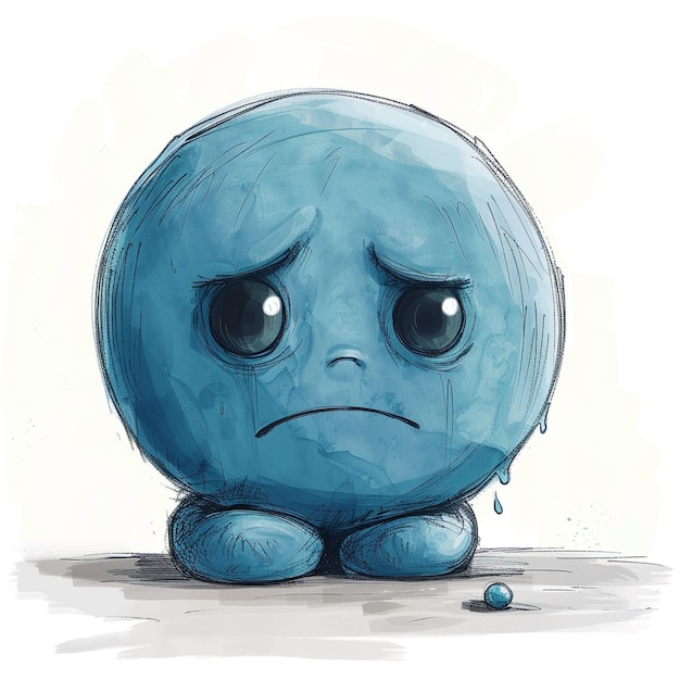 Photo sad blue character sitting on a surface with tears in a stylized artwork