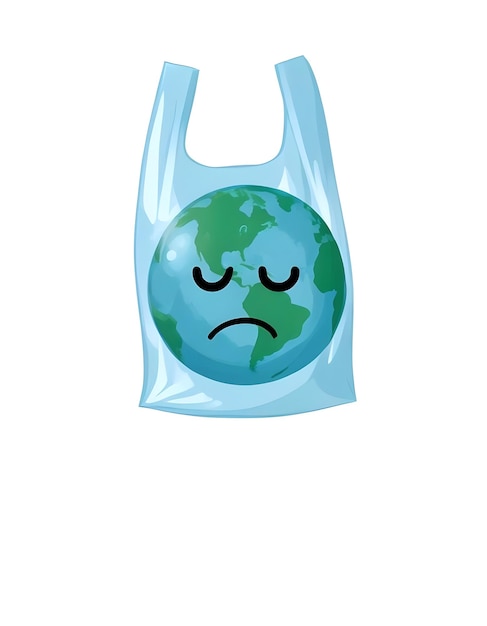 Photo a sad cartoon earth globe inside a plastic bag saying no plastic ai generated