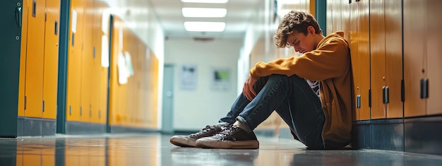 Photo a sad child at school sits in the corridor selective focus