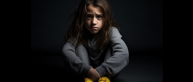 Photo sad child suffering from depression sadness lonely kid copy space