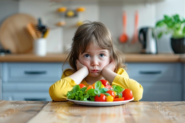 Sad child do not want to eat salad