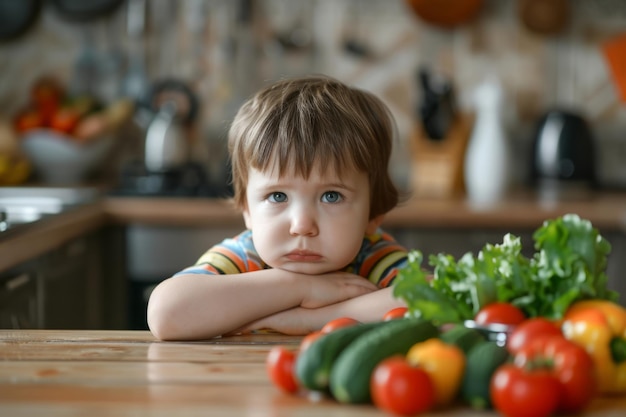 Sad child do not want to eat salad