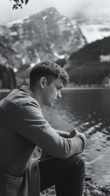 Photo sad and contemplative man sitting by the lake