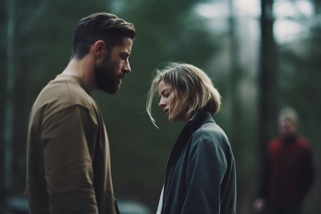 Photo sad couple standing together outdoors