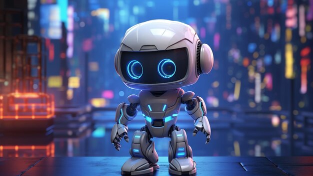 sad cute robot on neon background