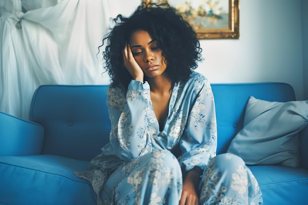 Sad depressed African American woman sitting in pajamas on sofa at home