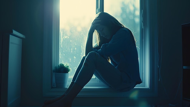 Sad Depressed Teen Girl sitting Alone and Depressed on the windowsill Unhappy teenag Generative AI