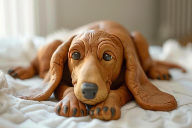 Sad dog figurine on bed