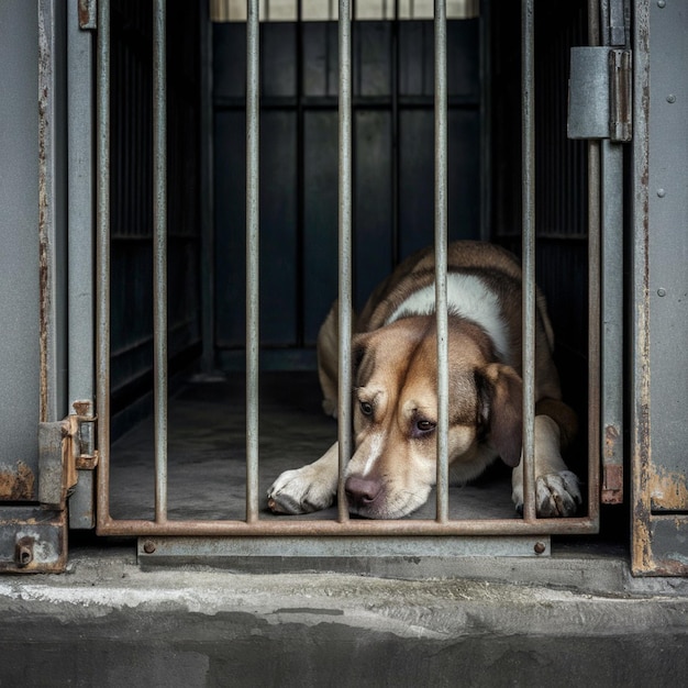 sad dog in a kennel