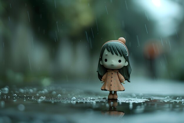 Photo sad doll with orange raincoat standing in the rain with its reflection in a puddle