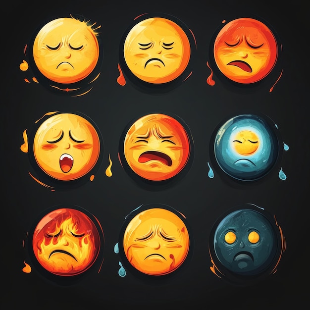 Photo sad emojis set crying angry fire water emoticon illustrations