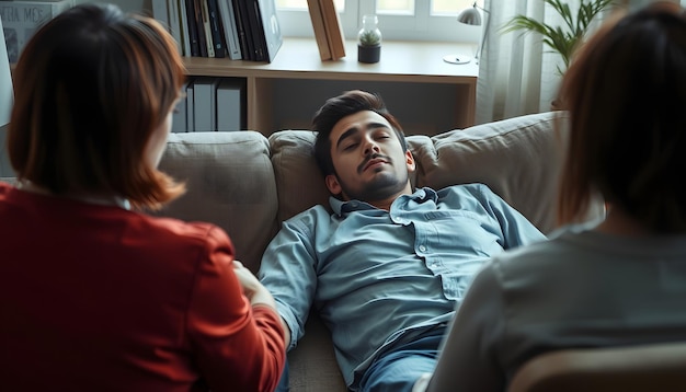 Photo sad exhaust young man patient lying on the couch on session with female psychologist in her office