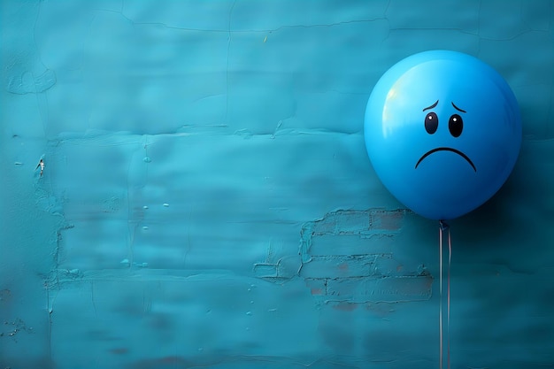 Photo a sad face balloon on a blue background symbolizing sadness and despair a web banner with empty sp