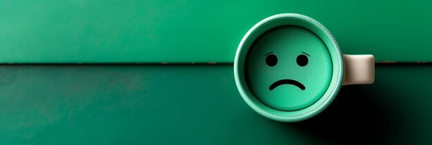 Photo sad face mug on green background