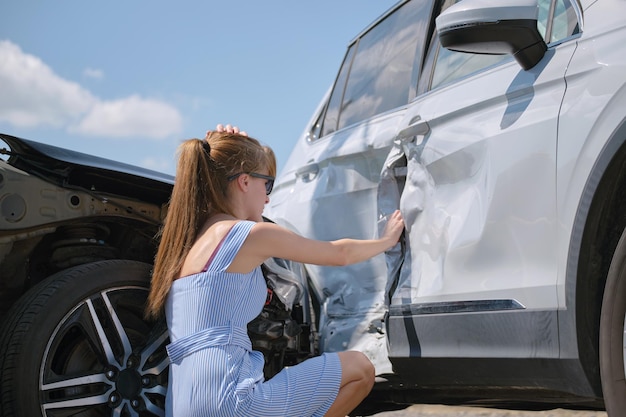 Sad female driver sitting on street side shocked after car accident Road safety and vehicle insurance concept