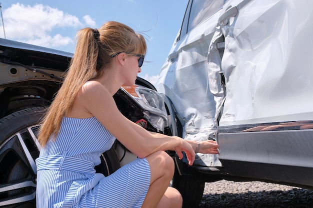 Sad female driver sitting on street side shocked after car accident Road safety and vehicle insurance concept