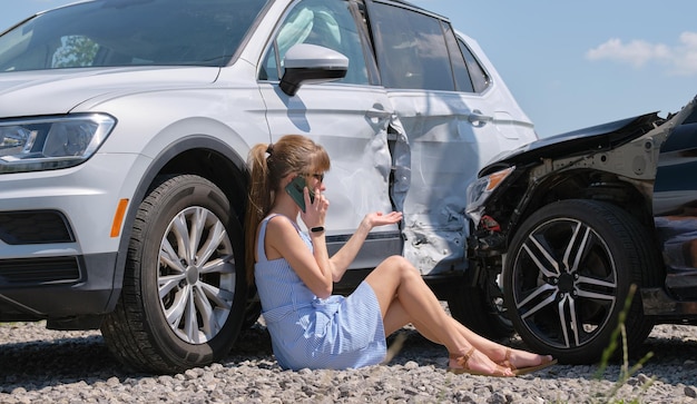 Sad female driver speaking on sellphone on street side calling for emergency service after car accident Road safety and insurance concept