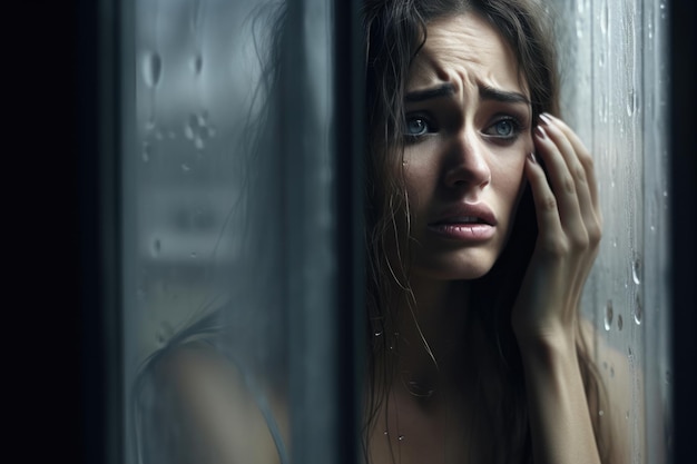 Sad girl near window thinking about something