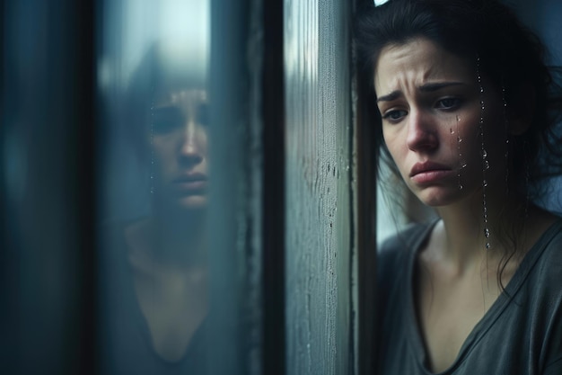 Sad girl near window thinking about something