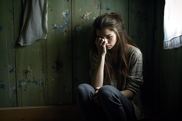 A sad girl sits in a dark room with a green wall behind her.