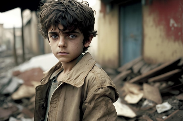 A sad girl standing in front of collapse buildings