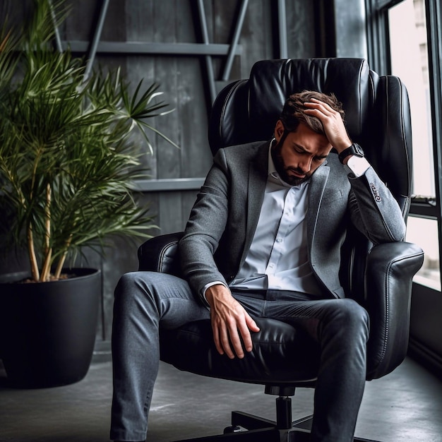 Sad gloomy man holding his forehead in office chair generative ai