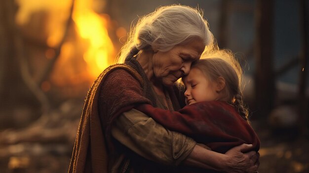 Sad grayhaired elderly woman hugs a small child on a dark street against the backdrop of a fire