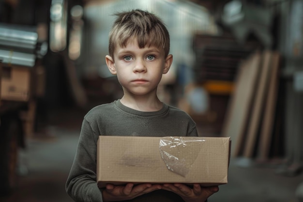 Photo sad homeless orphan boy holding cardboard box with belongings