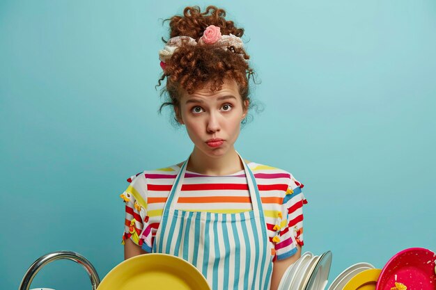 Photo sad housewife with curly hair in the kitchen