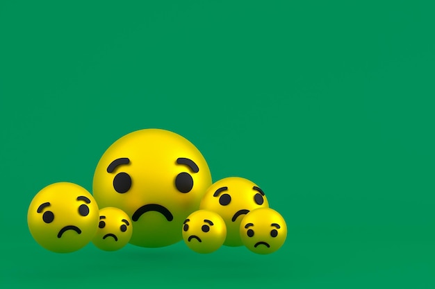 Sad icon Facebook reactions emoji 3d rendersocial media balloon symbol on green background