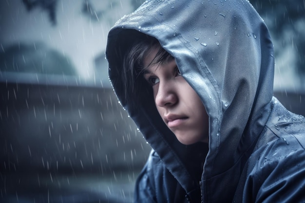 Sad kid in rain Generate Ai