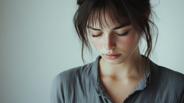 Photo sad latin woman dressed in gray blouse minimal white background