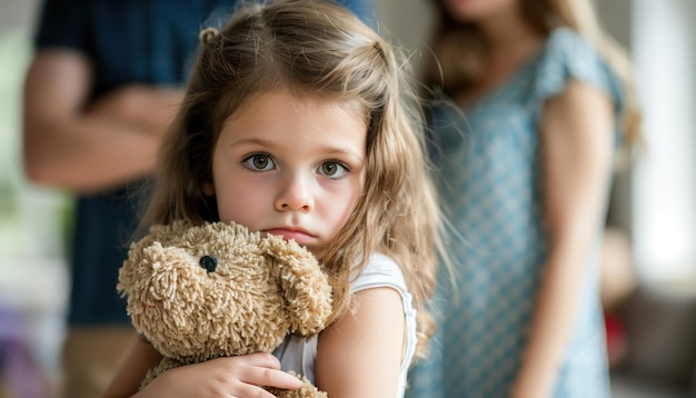 Photo sad little girl with teddy bear in foreground blurred adults in background