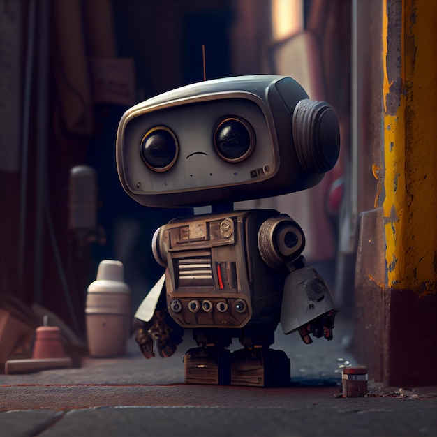 A sad little rusty robot is standing on a dirty street