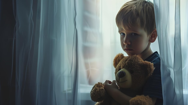 Sad lonely kid holding hugging teddy bear toy standing at window alone feeling depre Generative AI