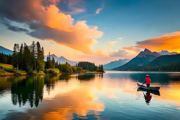 A sad man fishing on lake in evening time Red