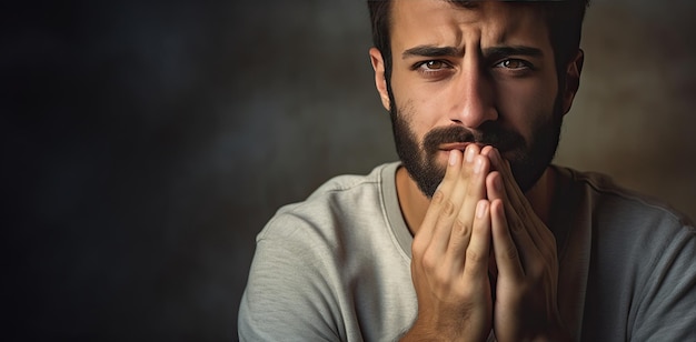 Sad man mourning on dark background Sadness grief and loss concept