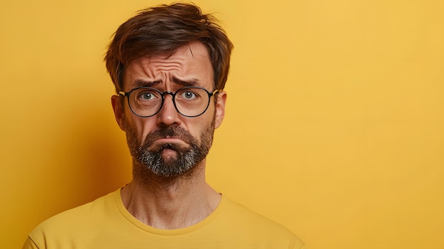 Photo sad man in yellow shirt with glasses against yellow background