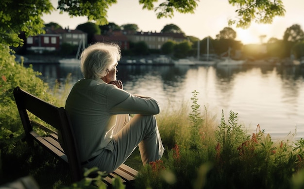 Sad old man Sitting lost in the garden The concept of lonely elderly people and disease