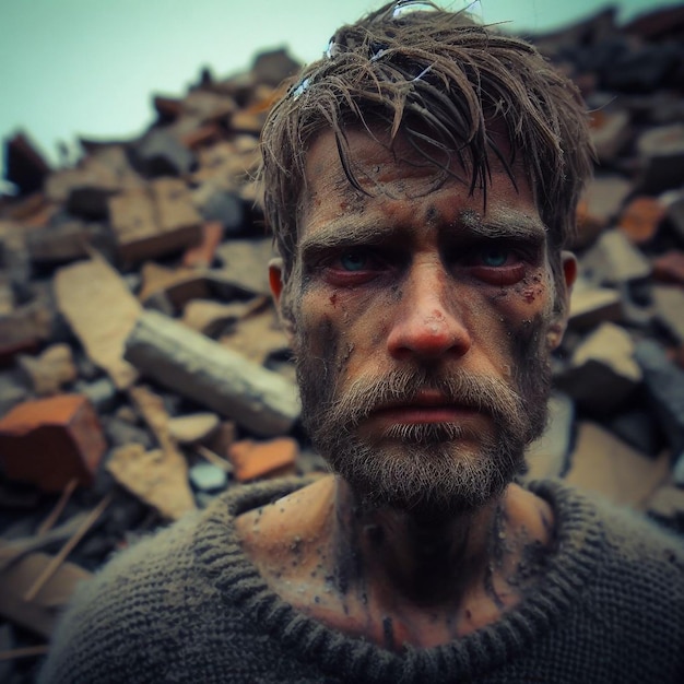 Sad person with a muddy face who survived after the earthquake