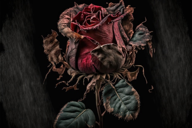 Sad red rose dried and aged with time in closeup and detail for romantic background