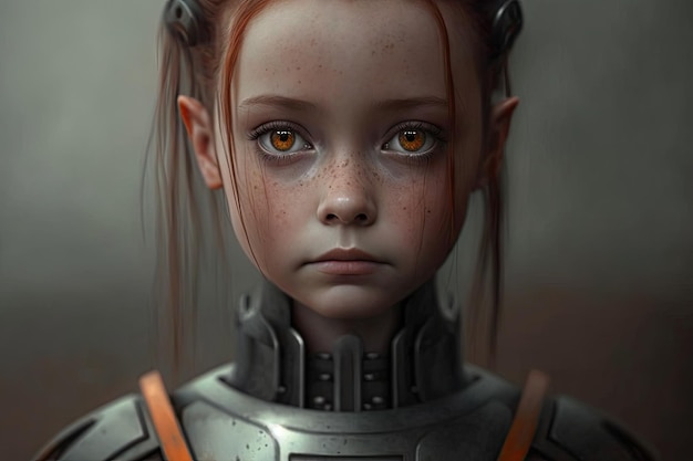 Sad robot in form of young human girl with lowered head created with generative ai