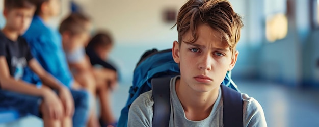 Photo sad schoolboy feeling excluded and bullied sitting alone in school hallway while other students laughing and talking in the background